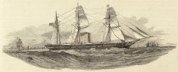 Eine Gravur eines Segelschiffs, das auf dem Meer segelt, mit anderen Schiffen im Hintergrund und Text unten, das die Segel des Schiffs zeigt, die im Wind flattern, und seinen Rumpf glänzen.