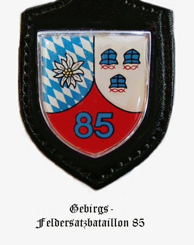 Ein Abzeichen mit der Nummer 85, dem Logo der bayerischen Fußballmannschaft und deutscher Schrift am unteren Rand.