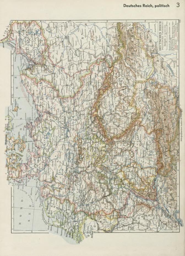Eine Karte von Deutschland aus dem 19. Jahrhundert, die die politischen Teilungen zeigt, gedruckt auf altem Papier mit beschreibendem Text oben und unten.