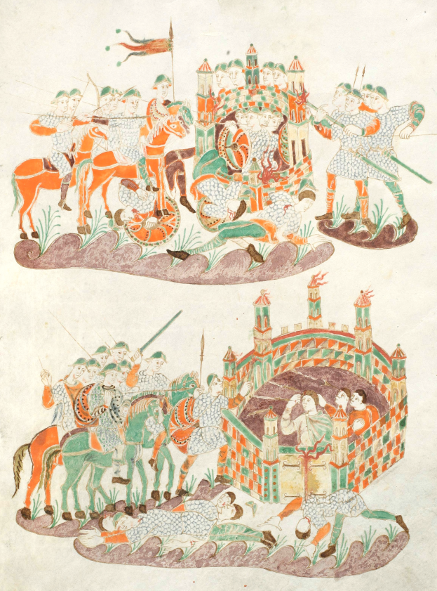 Eine mittelalterliche Handschriftenseite, die eine Kampfszene mit Rittern zu Pferde zeigt, die mit Schwertern, Schilden, Bogen und Pfeilen bewaffnet sind, vor einer Burg mit grünem Gras, Bäumen und einem tiefblauen Himmel.