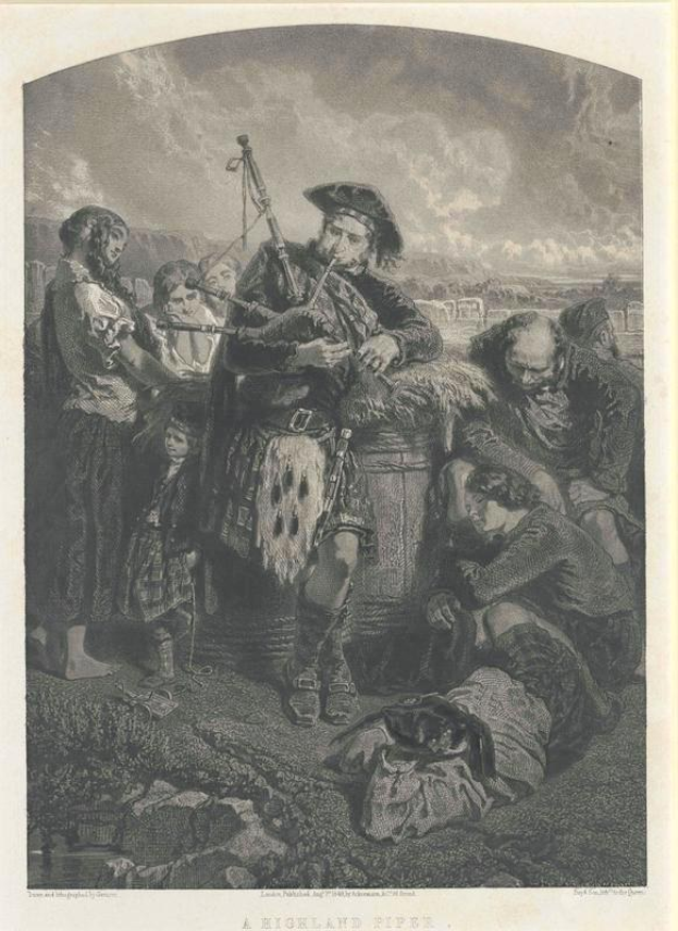 Schwarze und weiße Gravur eines Mannes, der vor einem Publikum eine Dudelsackpfeife spielt, unter einem bewölkten Himmel, mit der Inschrift "Ein Highland-Pfeifer" unten.