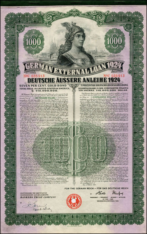 Ein alter deutscher Auslandsdarlehen von 1924 mit einem Porträt einer Frau, mit Text und Zahlen, die seine Denomination angeben.