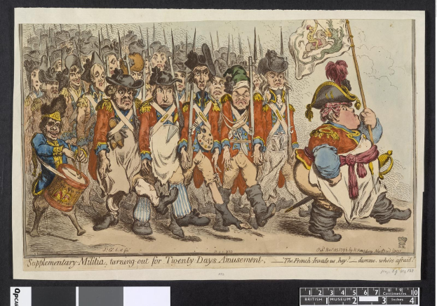 Gruppe von Männern in Militäruniformen, die eine Straße entlangmarschieren, einer hält einen Stock in der Hand, mit Text 'Zusätzliche Miliz, Antreten für zwanzig Tage Vergnügen' unten.