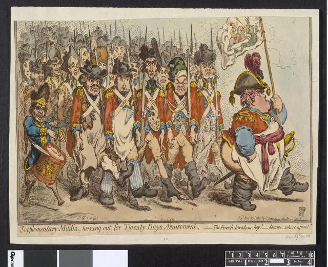 Gruppe von Männern in Militäruniformen, die eine Straße entlangmarschieren, einer hält einen Stock in der Hand, mit Text 'Zusätzliche Miliz, Antreten für zwanzig Tage Vergnügen' unten.