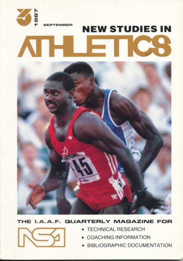 Titelbild von "New Studies in Athletics September 1987" mit zwei Personen, wahrscheinlich athletikbezogenem Text.