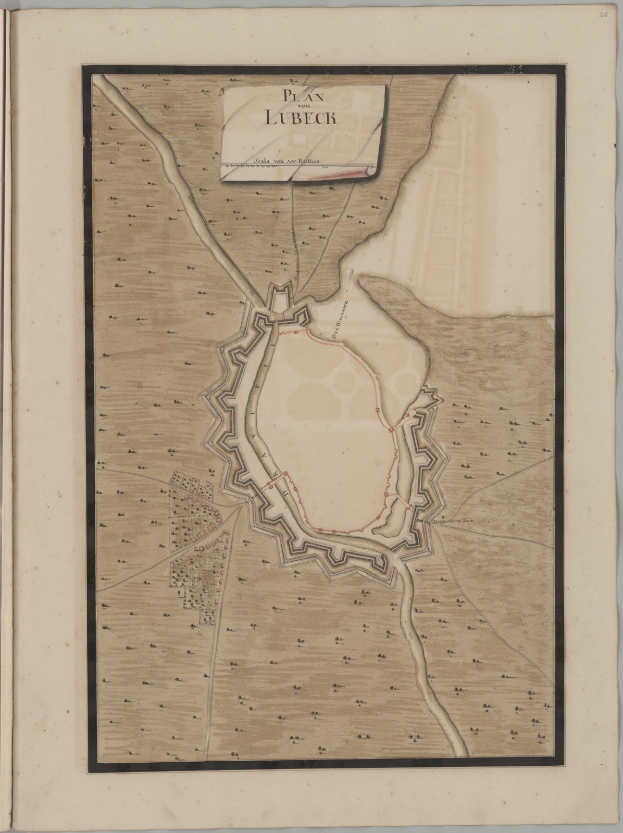 Eine detaillierte Karte der Stadt Lübeck auf dem Cover eines alten Buches, das Straßen, Gebäude und Sehenswürdigkeiten zeigt, begleitet von Texten zur Geschichte, Bevölkerung und Kultur der Stadt.