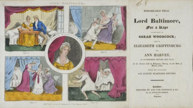 Ein historisches Dokument, das einen Prozess von Lord Baltimore wegen angeblicher Vergewaltigung zeigt, mit Illustrationen von Menschen, Vorhängen und Text.