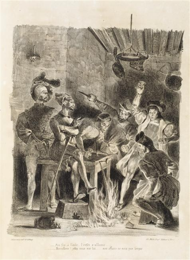 Schwarz-weißes Gravur von einer Gruppe von betroffenen Menschen um ein Feuer mit einer Wand im Hintergrund, betitelt "Der Tod des Königs von England."