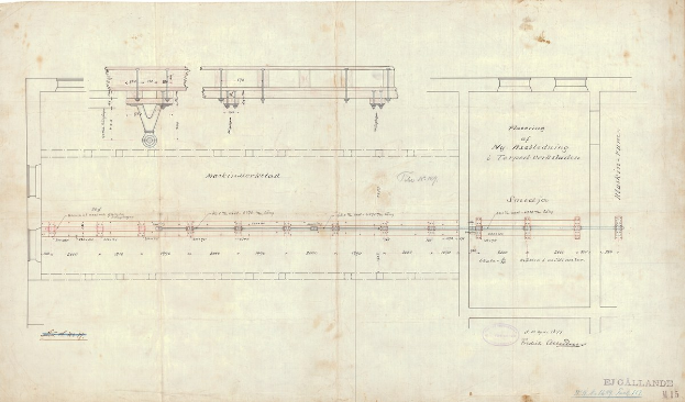 Detailierte Zeichnung einer Eisenbahnschiene auf Papier, einschließlich Schienen, Lokomotiven und erklärendem Text über die Schiene und ihre Verbindungen.