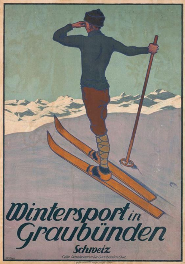 Ein Plakat für einen Wintersport in Graubünden, Schweiz, das eine Person auf Skiern mit einem Stock zeigt, vor schneebedeckten Bergen und mit Text.