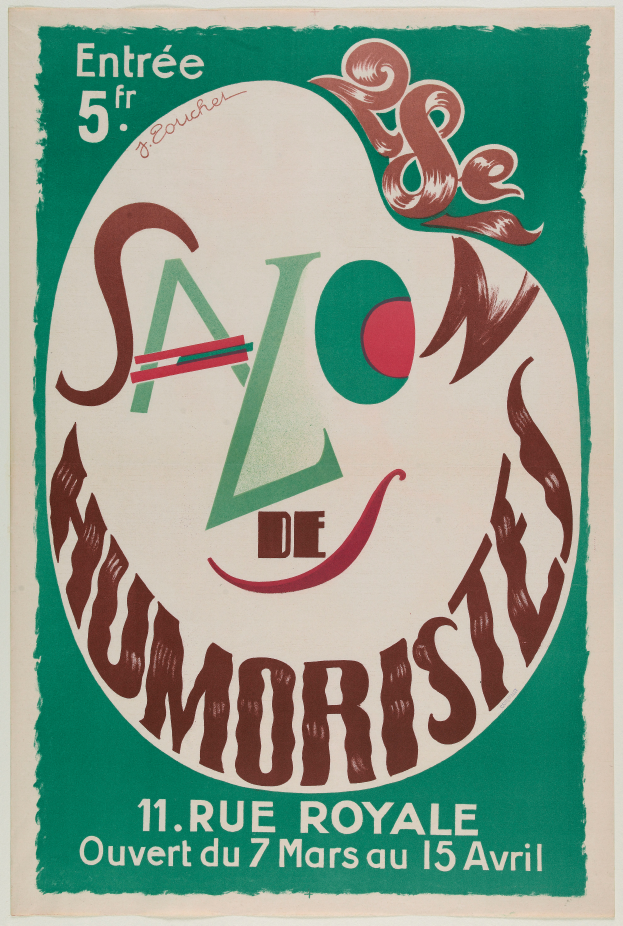 Ein Plakat, das ein Humor-Salon in Paris, Frankreich, ankündigt, mit Text, der die Angebote des Salons beschreibt.