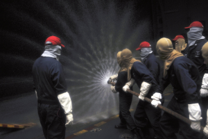 Maskierte und Vermummte spritzen sich in dunkler, gefährlicher Umgebung Wasser ins Gesicht.