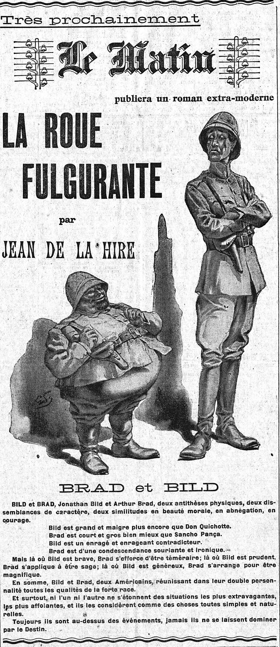 Alte Zeitungsanzeige mit einem uniformierten Soldaten in einem Helm und einem langen Mantel neben einem Mann mit einem Gewehr, beide mit entschlossener Miene, begleitet von Text.