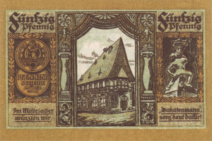 Alte deutsche Banknote mit einer Illustration eines zentralen Gebäudes umgeben von Text.