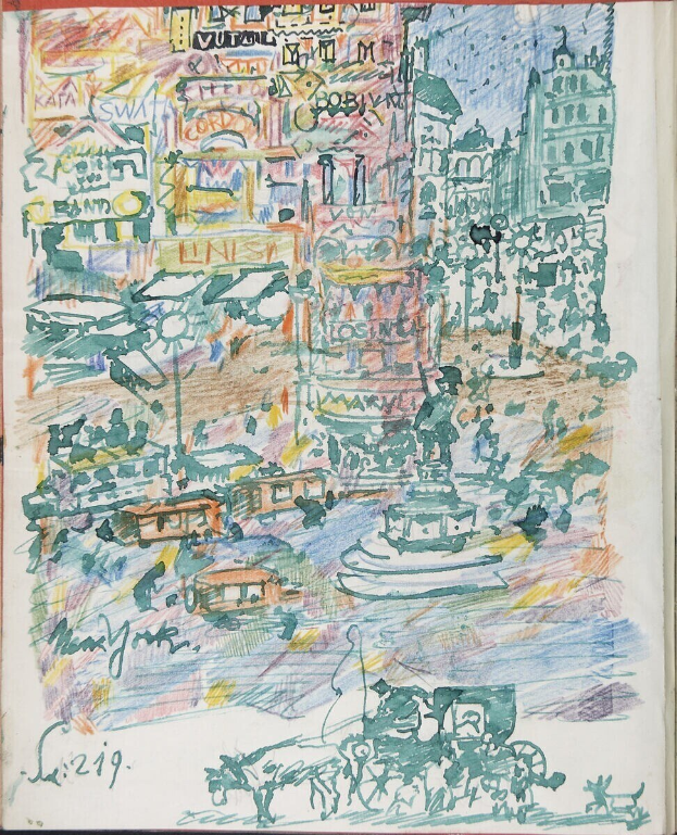 Buchumschlag mit einer detaillierten Illustration einer belebten Stadt mit Gebäuden, Fahrzeugen, Menschen und einem Brunnen, begleitet von Text.