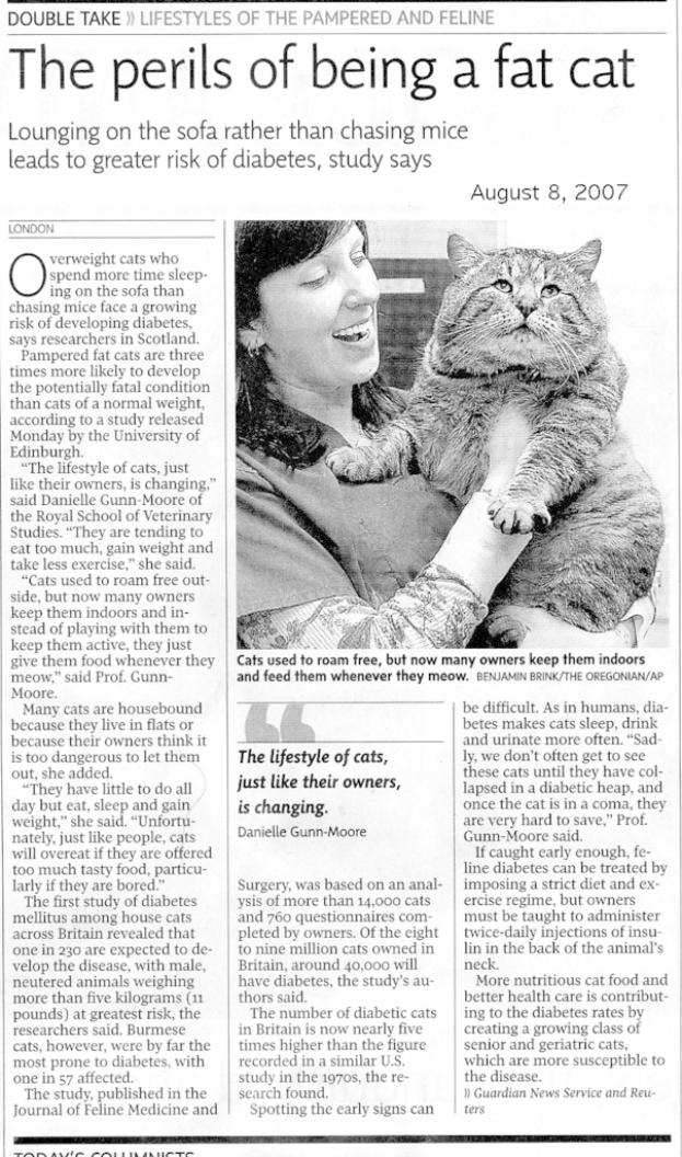 Zeitungsartikel mit einem Foto einer Frau, die eine Katze hält.
