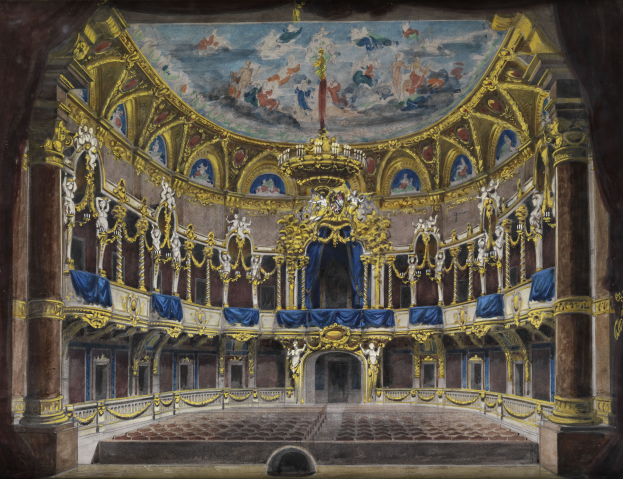 Ein Gemälde eines Theaterinneren mit einer prächtigen, kunstvoll verzierten Decke, geschmückten Wänden mit Säulen, Geländern und Vorhängen und einem Teppichboden, gekrönt von einem zusätzlichen Gemälde.
