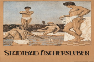 Plakat für ein Schwimmbad in Aschersleben, Deutschland, das Menschen im Wasser zeigt, mit einem sitzenden und Text mit Pool-Informationen.