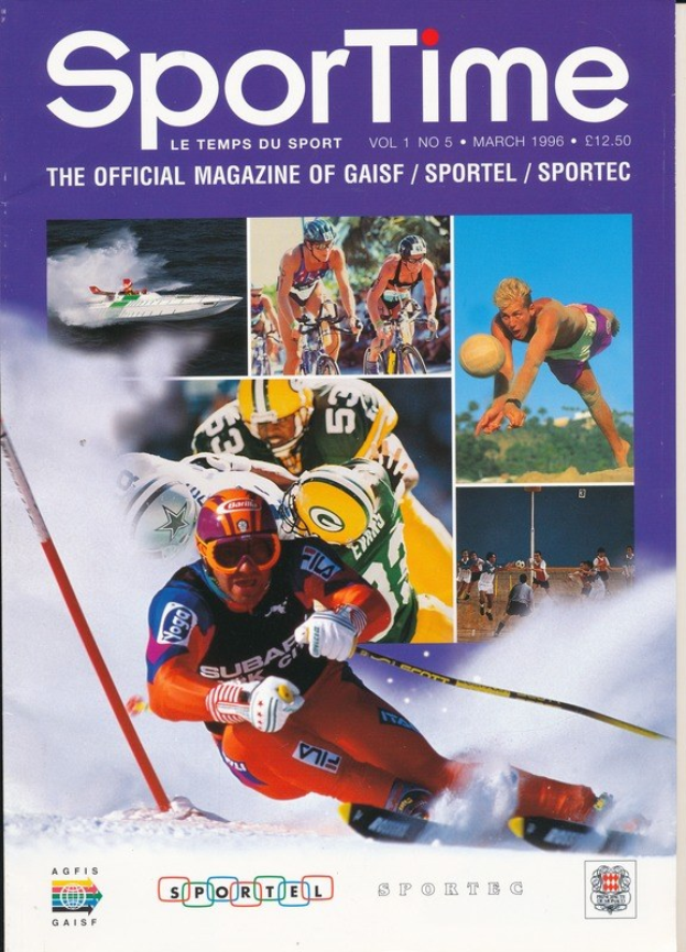 Cover of *Sporttime Magazine* (March 1996) featuring skiing and snowboarding imagery, text, and logos.