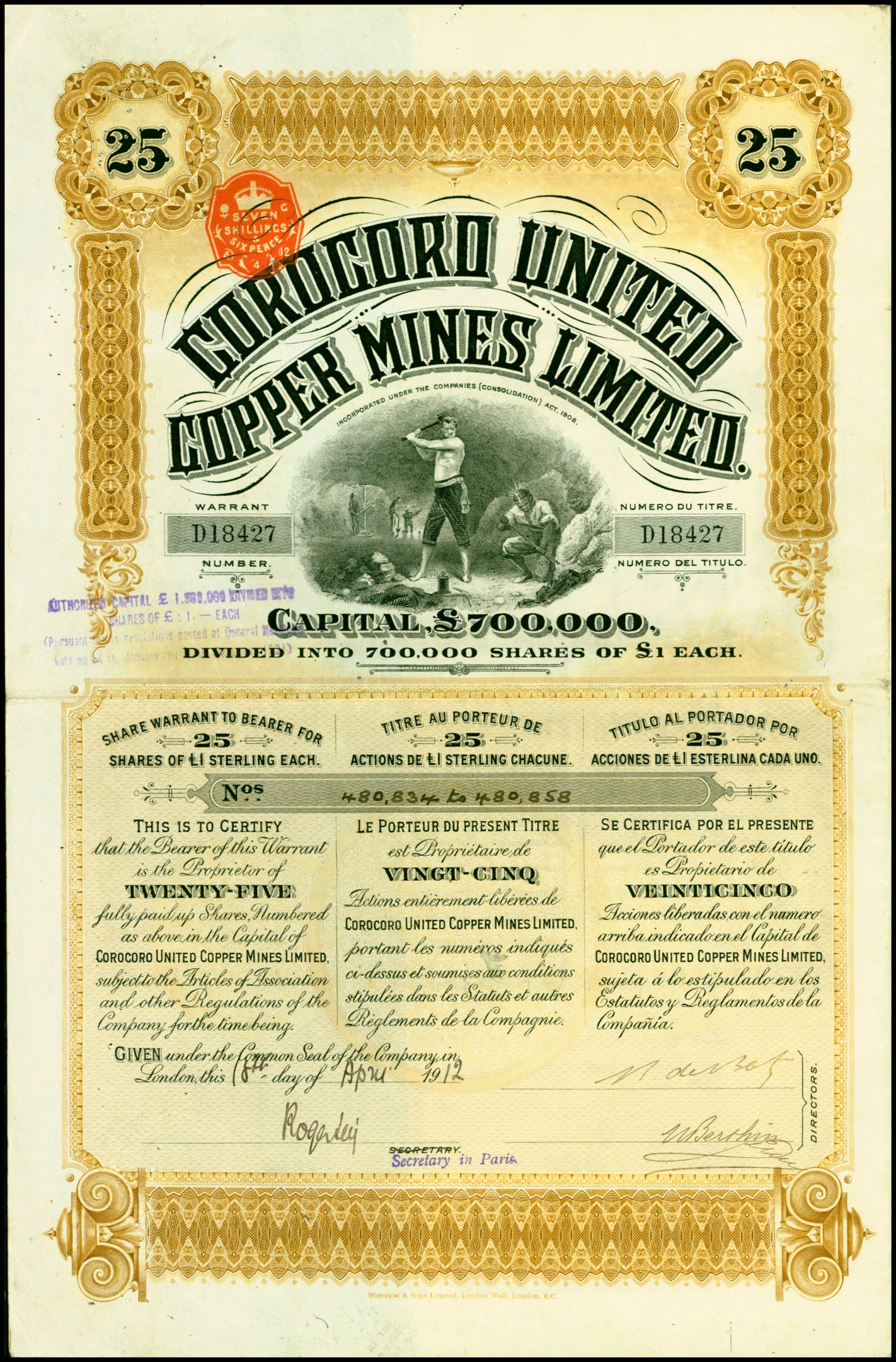 Altes Aktienzertifikat von Corrugord United Copper Mines Limited mit einem Mann im Anzug und Krawatte, mit Unternehmensname, Datum und Unterschrift.