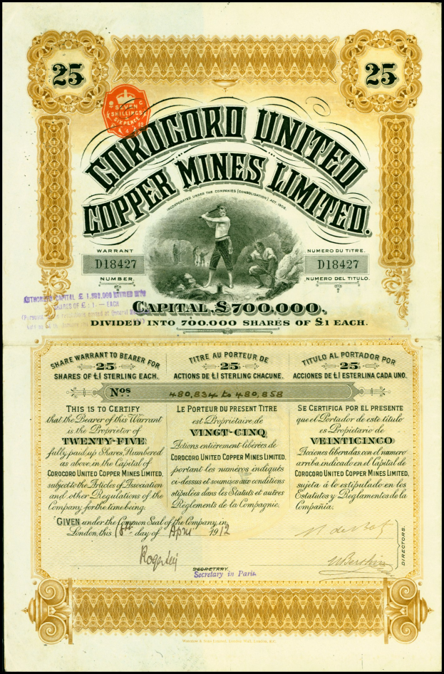 Altes Aktienzertifikat von Corrugord United Copper Mines Limited mit einem Mann im Anzug und Krawatte, mit Unternehmensname, Datum und Unterschrift.