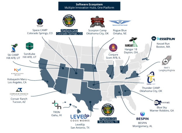 Eine Karte der Vereinigten Staaten, die Unternehmenslogos und Text enthält, um die Standorte des Software-Ökosystems anzuzeigen.