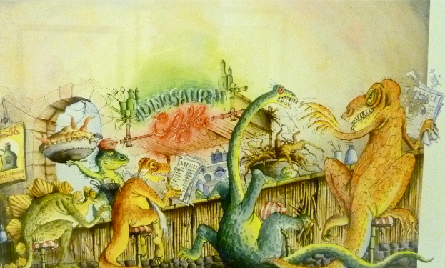 Ein Raum mit Dinosaurier-Gemälden, mit verschiedenen Gegenständen wie Flaschen und Brettern im Hintergrund.