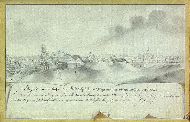 Ein altes Dokument mit einer Zeichnung einer Stadtansicht, die die Belagerung von Dresden im Jahr 1803 zeigt, mit Text, der die Ereignisse der Belagerung beschreibt.