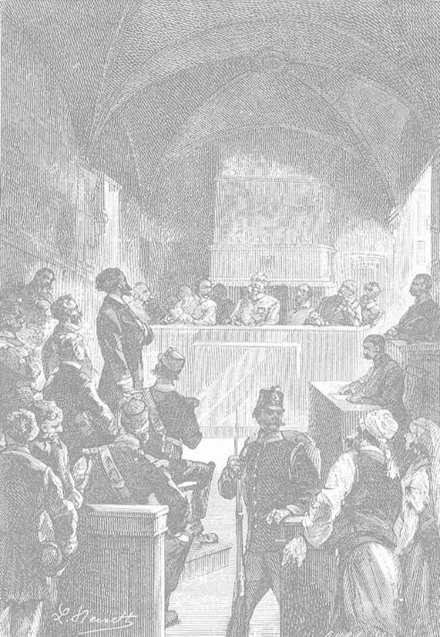 Schwarz-weißes Gerichtsszenario mit dem Titel 'Der Prozess gegen Thomas Jefferson', das einen Mann mit einer Waffe vor einer Menge auf Bänken sitzender und stehender Menschen zeigt.