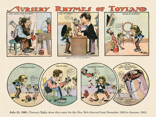 Ein hellblauer Zettel mit der Überschrift "Nursery Rhymes of Toyland" in verspielter Schrift, der farbenfrohe Illustrationen von Kindern zeigt, die mit Spielzeugen wie einem Stofftier, einem Spielzeugauto und einer Spielzeugeisenbahn spielen, umgeben von einem Sternen- und Herzrand.