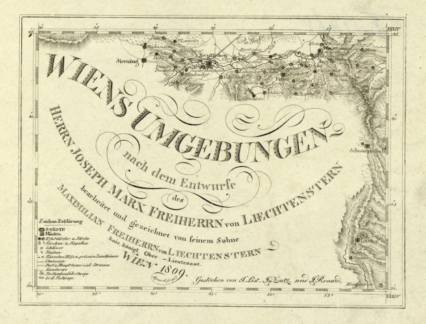 Ein detaillierter alter Stadtplan von Wien, Deutschland, der Städte, Dörfer und geografische Merkmale zeigt, mit Texten, die Informationen über die Bevölkerung, Straßen und Sehenswürdigkeiten liefern.