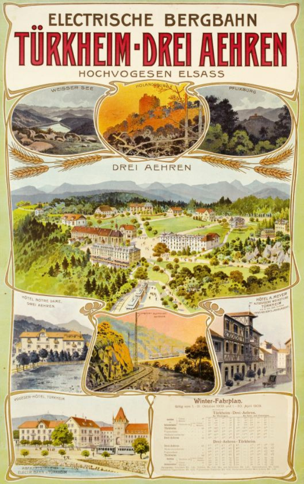 Ein Plakat bewirbt die elektrische Stadt Bergbahn, Deutschland, mit Bildern von Gebäuden, Bäumen, Hügeln und beschreibendem Text.