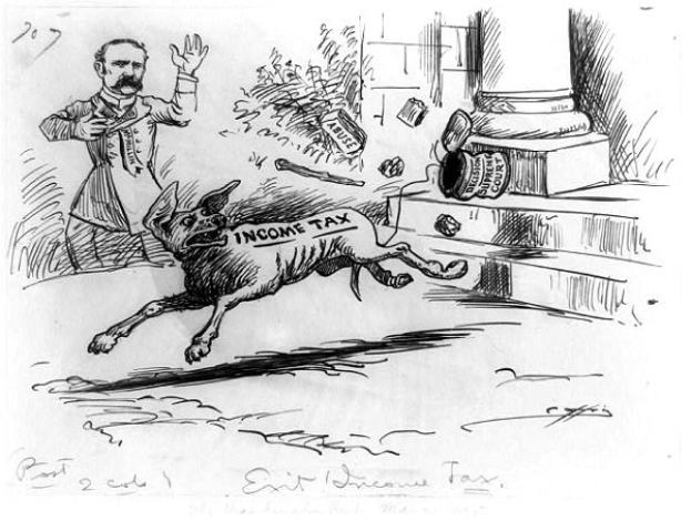 Ein Cartoon-Mann, der vor einem Cartoon-Hund wegläuft, der mit 'Einkommensteuer' beschriftet ist, mit verstreuten Objekten im Hintergrund.