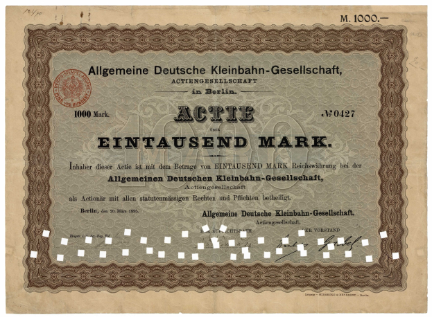 Alter deutscher Staatsanleihen-Schein mit gedrucktem Text und einem offiziellen Stempel.