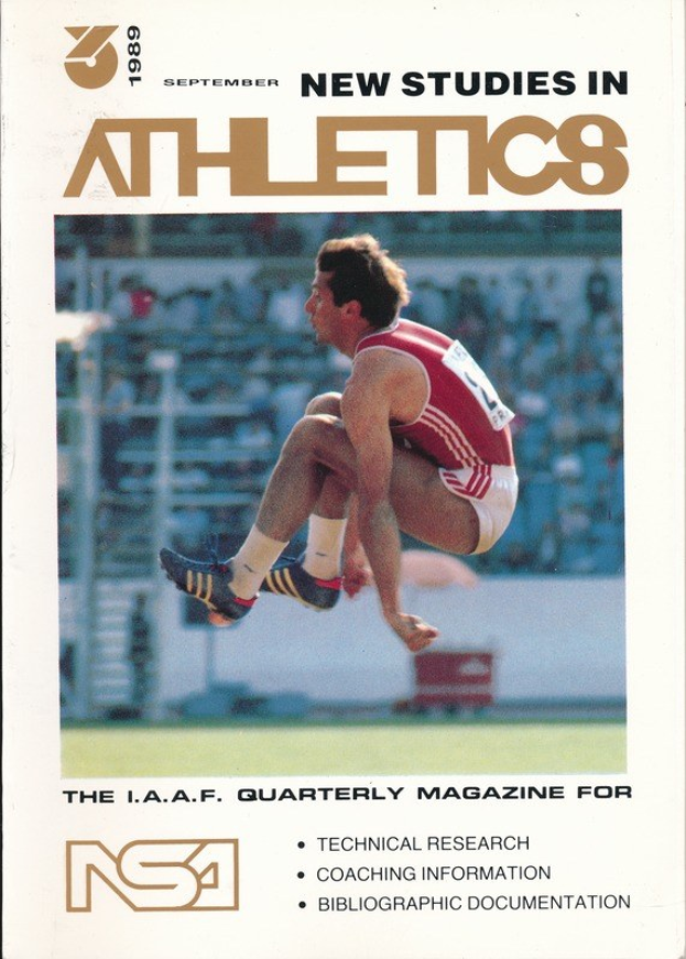 Titelbild eines Buches namens 'Neue Studien im Athletics September 1989' mit einer Illustration eines Mannes in der Luft