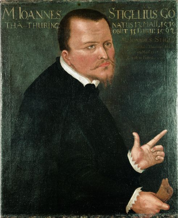 Ein Gemälde eines Mannes in einem schwarzen Anzug und weißem Hemd, der mutmaßlich Stigellius Goethe ist, mit einem ernsten Gesichtsausdruck, dunklem Haar und vor der Brust verschränkten Händen, mit fetter Schrift, die sein Werk beschreibt.