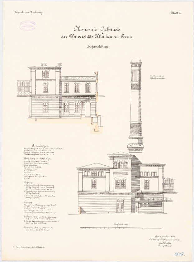 Eine Zeichnung der Universität München aus dem Jahr 1853, die ein Gebäude mit einem Schornstein zeigt, begleitet von beschreibendem Text.