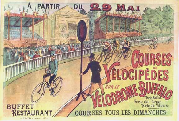 Plakat für ein Velodrom in Buffalo, New York, das Menschen beim Radfahren auf einer umzäunten Straße mit einem Gebäude und Bäumen im Hintergrund zeigt.