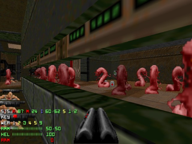 Animierter Screenshot aus *Doom II*, der mehrere Zombies in einem Raum, eine Waffe unten und Statusinformationen einschließlich Gesundheit und Munition links zeigt.