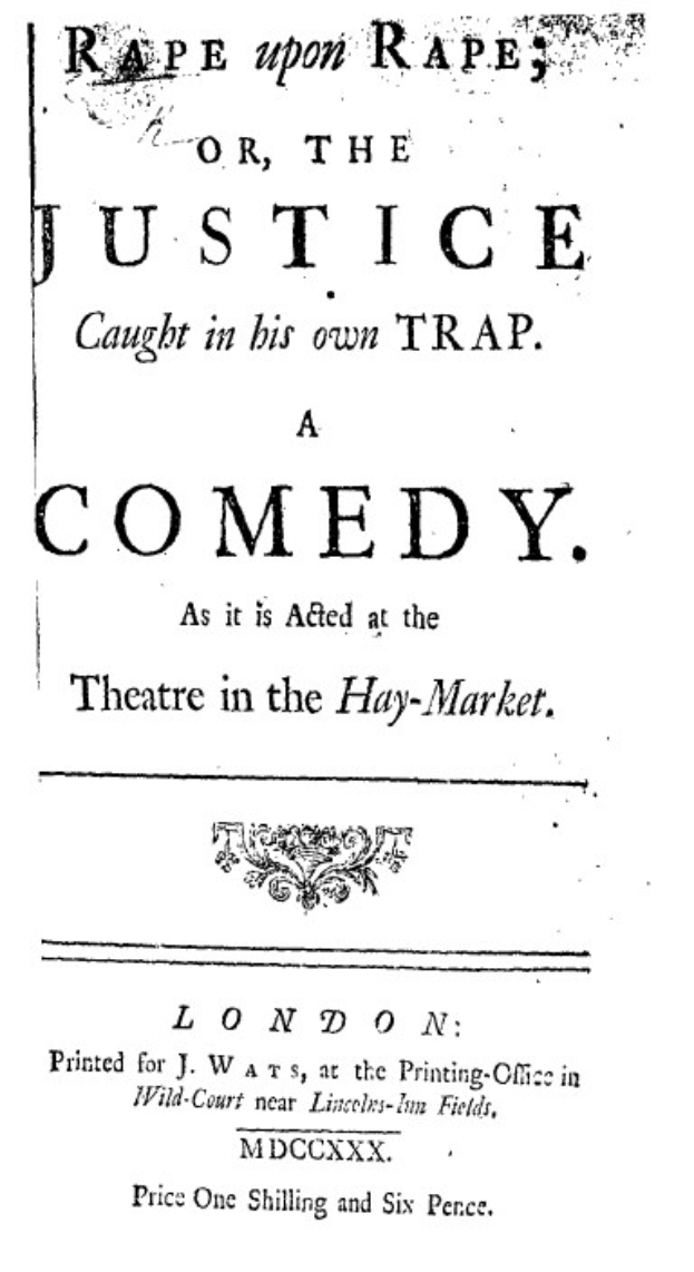 Schwarzes und weißes Plakat mit der Aufschrift "Vergewaltigung auf Vergewaltigung oder der Gerechtigkeit, der in seiner eigenen Falle gefangen ist" in fetter schwarzer Schrift, wahrscheinlich Ankündigung einer Comedy-Show.