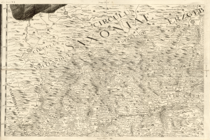 Ein detailliertes altes Kartenbild von Sachsen, Deutschland, das geographische Merkmale wie Flüsse, Berge und Städte zeigt und mit begleitendem Text, der Informationen über die Region und ihre Einwohner bereitstellt.