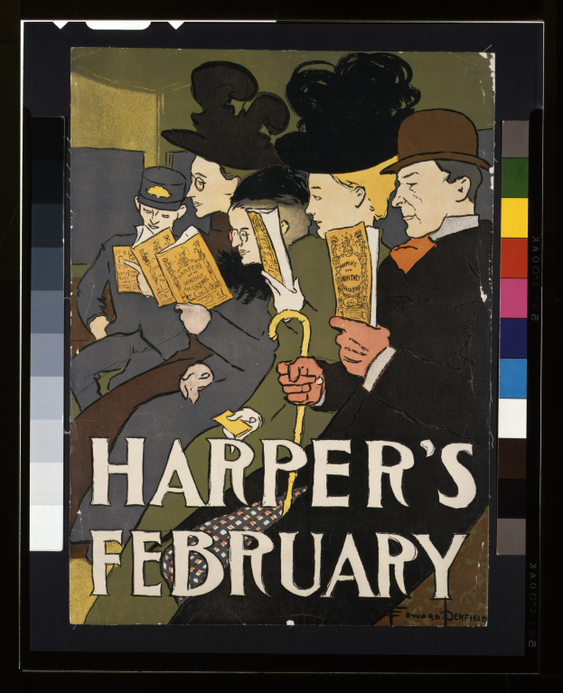 Ein Plakat für Harpers Februar-Event, das eine Gruppe von Menschen zeigt, die auf Stühlen sitzen und Bücher halten, mit Text, der das Event beschreibt.