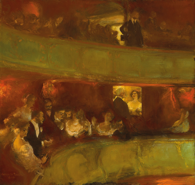 Gemälde einer lebendigen TheaterSzene mit einer vielfältigen Gruppe von formell gekleideten Menschen, die stehen und sitzen in hellen, neutral getönten Umgebungen.