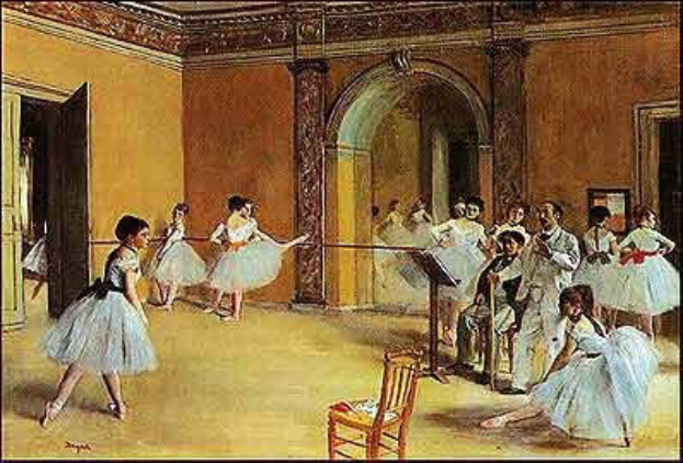 Ein Bild einer Gruppe von Tänzerinnen in einem Tanzstudio, mit einem Stuhl im Vordergrund und einer Wand im Hintergrund, die Tänzerinnen tragen bunte Tutus und Spitzenschuhe und vermitteln ein Gefühl von Bewegung und Energie.