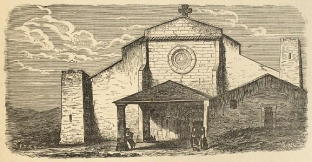 Eine Gravur der Kirche des Heiligen Grabes mit einer Uhr an der Vorderseite, umgeben von Menschen und einem bewölkten Himmel, mit Text unten, der "Kirche des Heiligen Grabes" lautet.