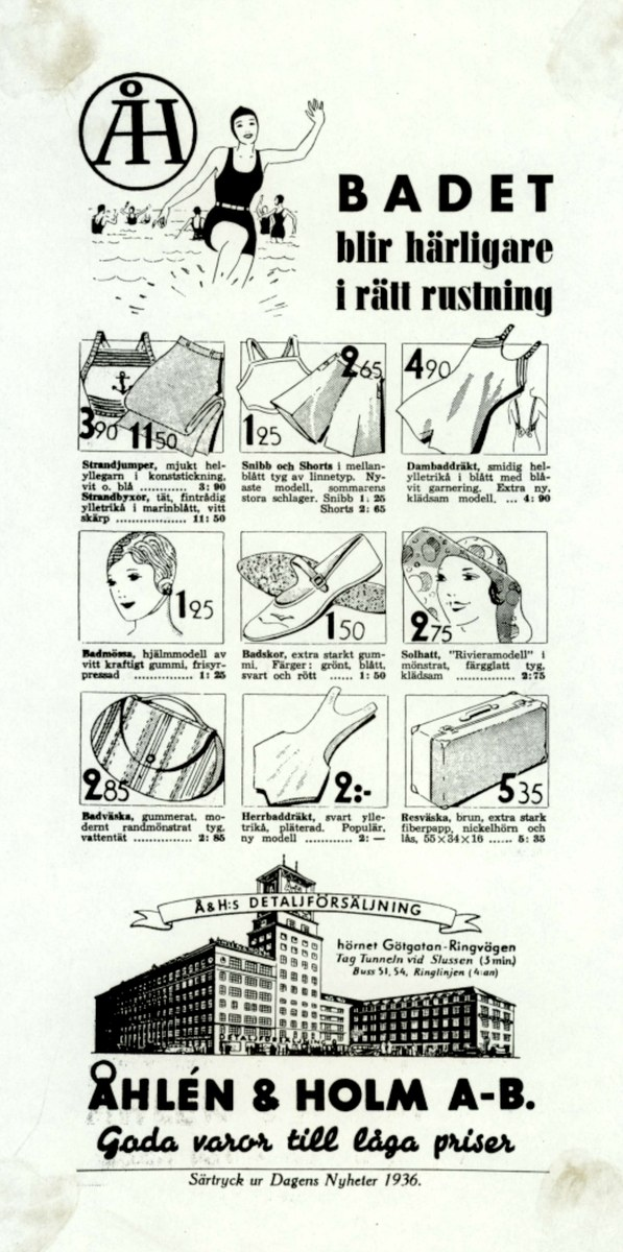 Frau in einem weißen und blauen gestreiften Badeanzug mit einem Pferdeschwanz, die direkt in die Kamera schaut, in einer Werbung umgeben von Bildern von Menschen, Gebäuden und fetter Schrift.