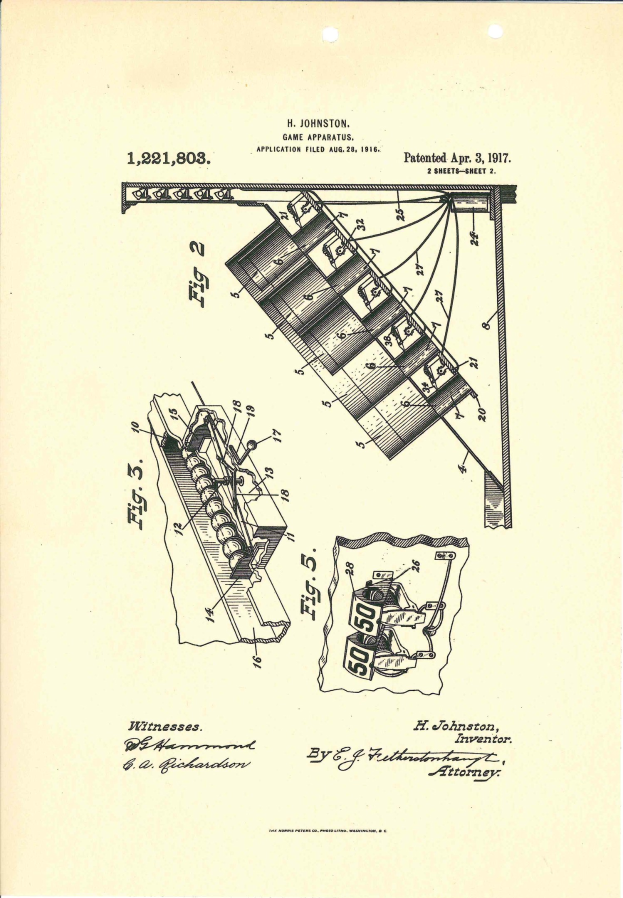 Schwarze und weiße technische Zeichnung eines patentierten Spielgeräts, das als "Game Apparatus Patent 1,221,803" bezeichnet ist, mit nummerierten Bauteilen.