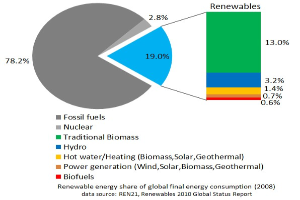 Tortendiagramm zur globalen erneuerbaren Energieversorgung im Jahr 2008, aufgeschlüsselt nach Energiequelle einschließlich fossiler Brennstoffe, Kernenergie, Wasserkraft, Warmwasserheizung, Biomasse, Solarenergie, Geothermie und Biokraftstoffe.
