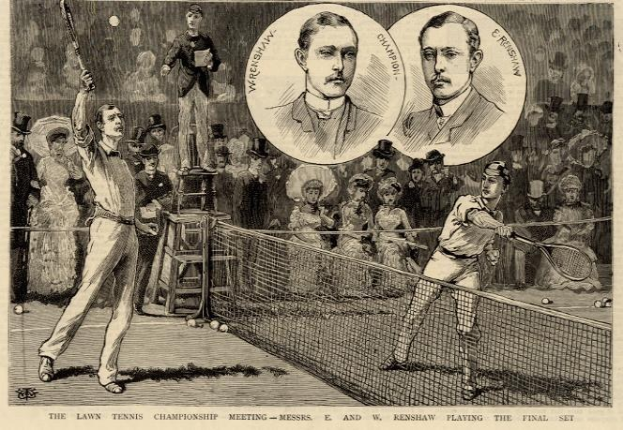 Schwarze und Weiße Zeichnung von zwei Männern, die Tennis auf einem Platz mit einem Netz spielen, umgeben von Zuschauern, und Text unten mit der Aufschrift "The Lawn Tennis Championship Meeting - Messers, E und W Renshaw spielen das entscheidende Spiel."
