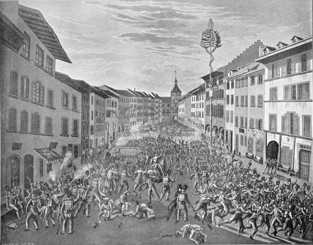 Eine Schwarz-Weiß-Zeichnung einer belebten Stadtstraße mit Gebäuden auf beiden Seiten und einem Himmel im Hintergrund, mit der Aufschrift "Die Schlacht von Stuttgart" unten.
